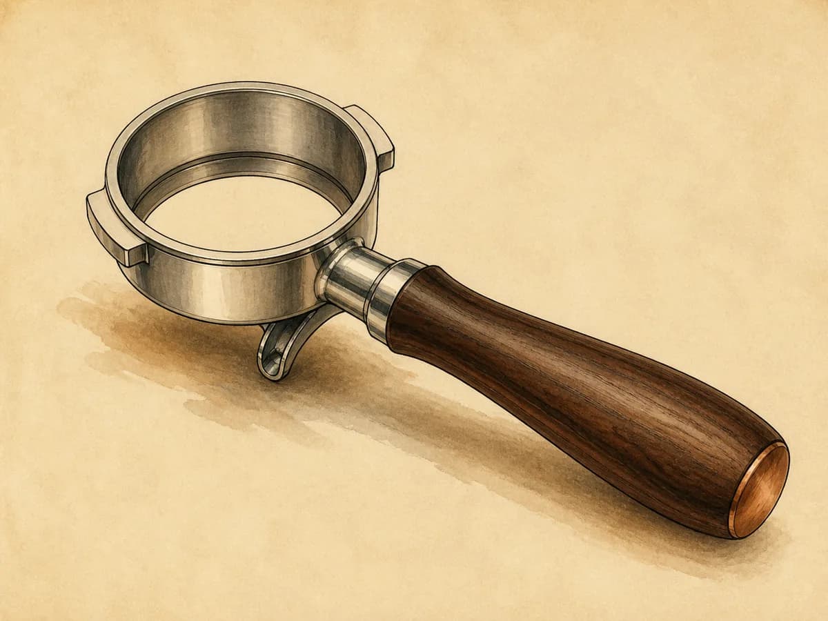Original editorial illustration representing the Naked Portafilter 54mm; not a product photograph.