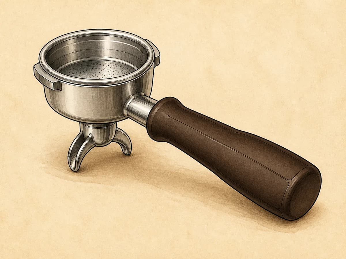 Original editorial illustration representing Portafilter Assembly 54mm; not a product photograph.