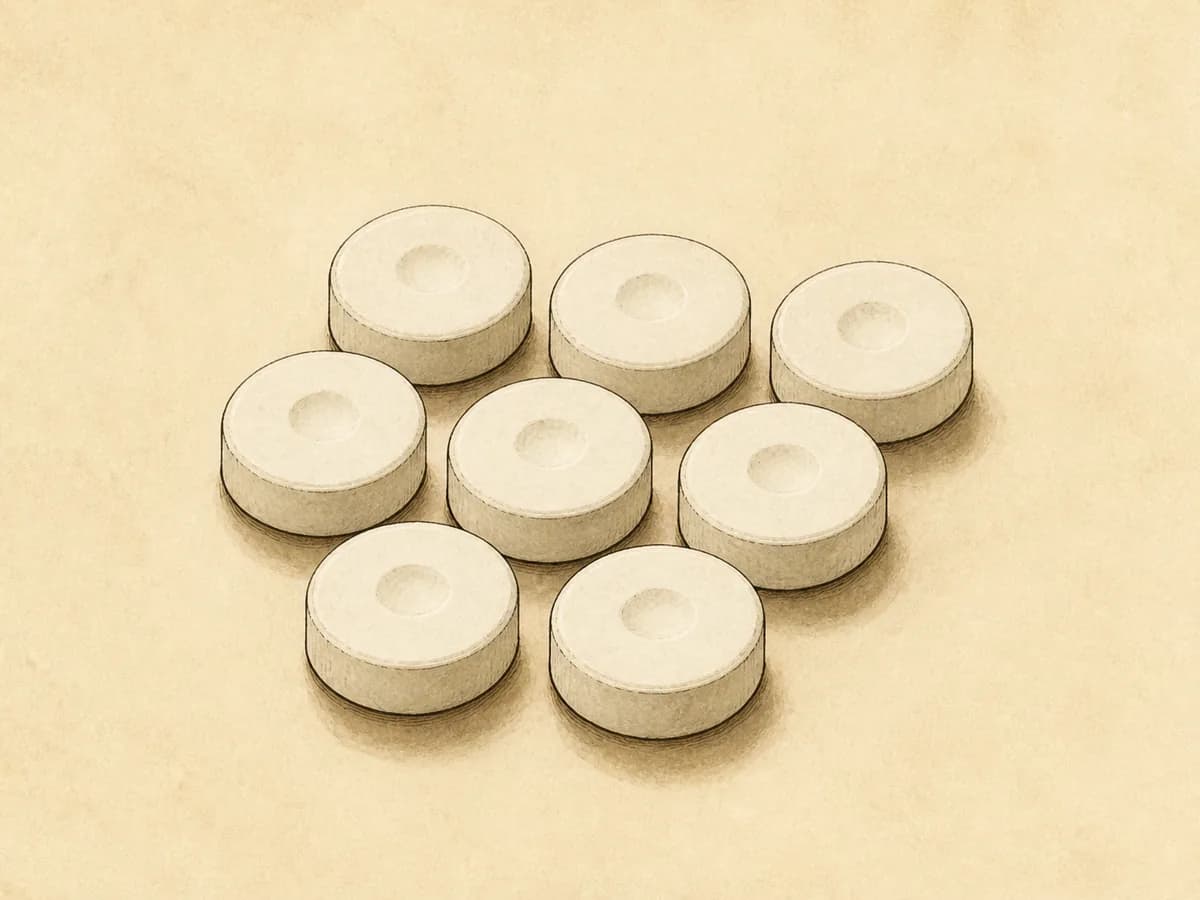 Original editorial illustration representing Espresso Cleaning Tablets (8); not a product photograph.