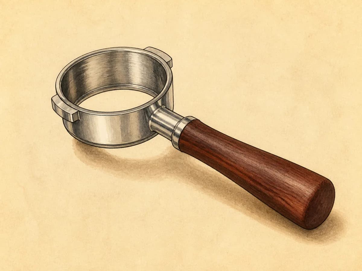 Original editorial illustration representing Rosewood Bottomless Portafilter; not a product photograph.