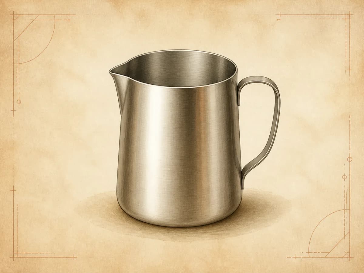 Original editorial illustration representing Stainless Milk Frothing Jug; not a product photograph.