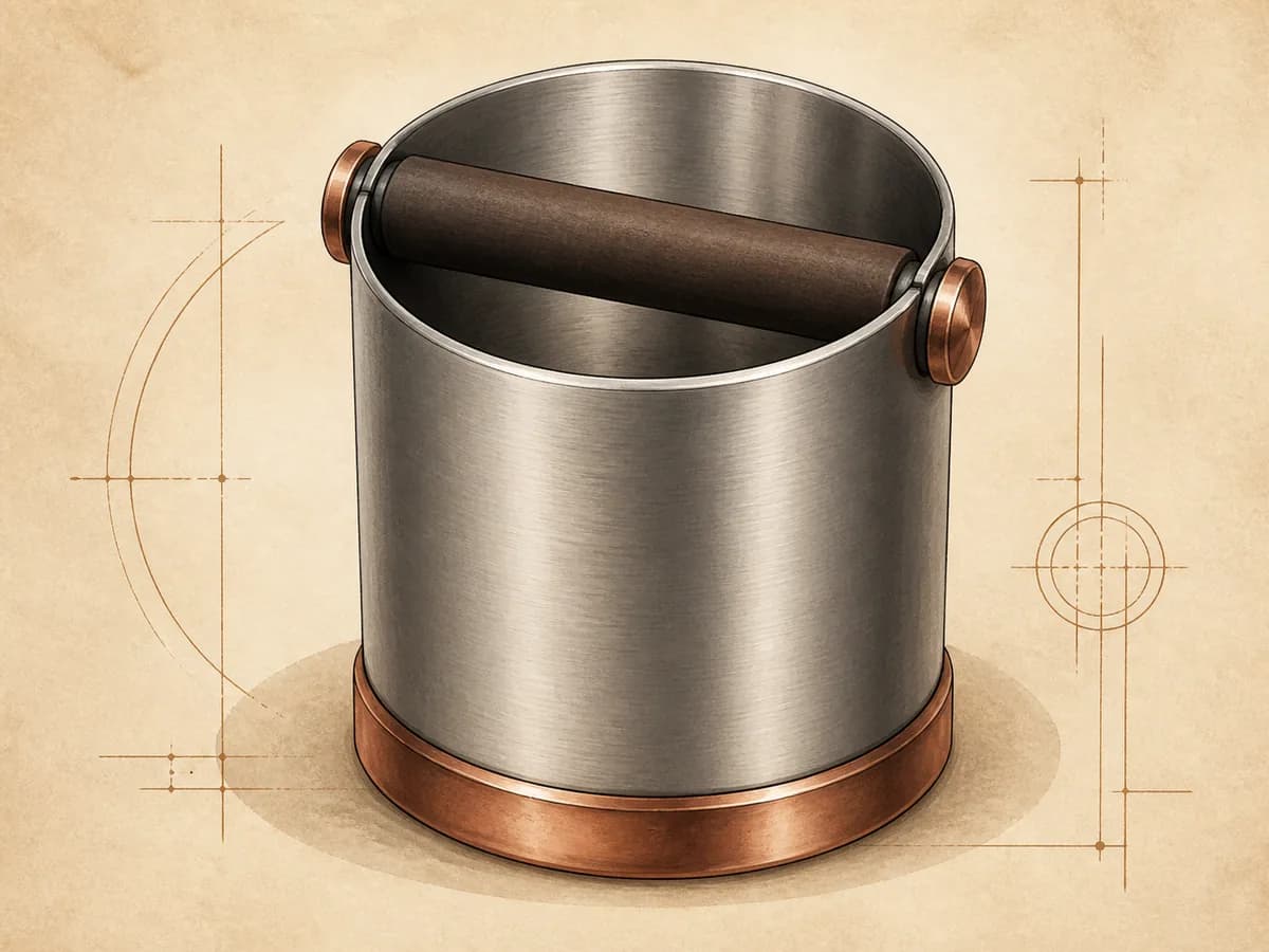 Original editorial illustration representing Stainless Steel Knock Box; not a product photograph.
