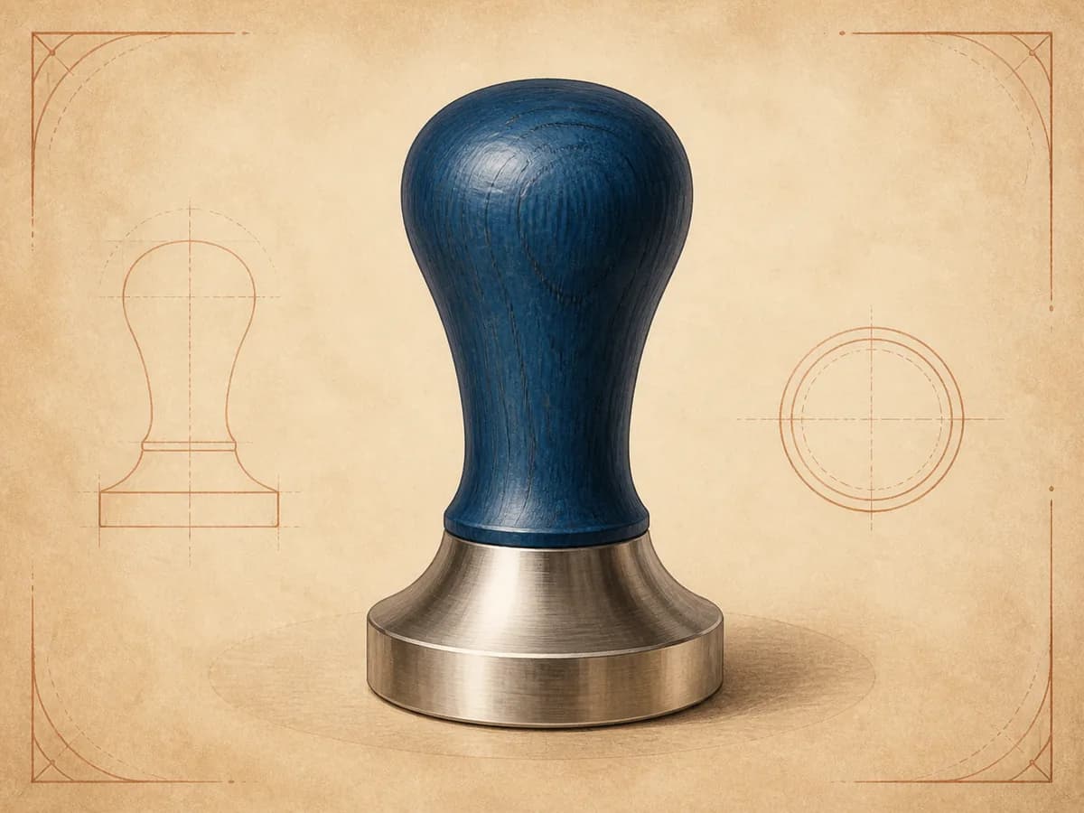 Original editorial illustration representing Blue Wood Espresso Tamper; not a product photograph.