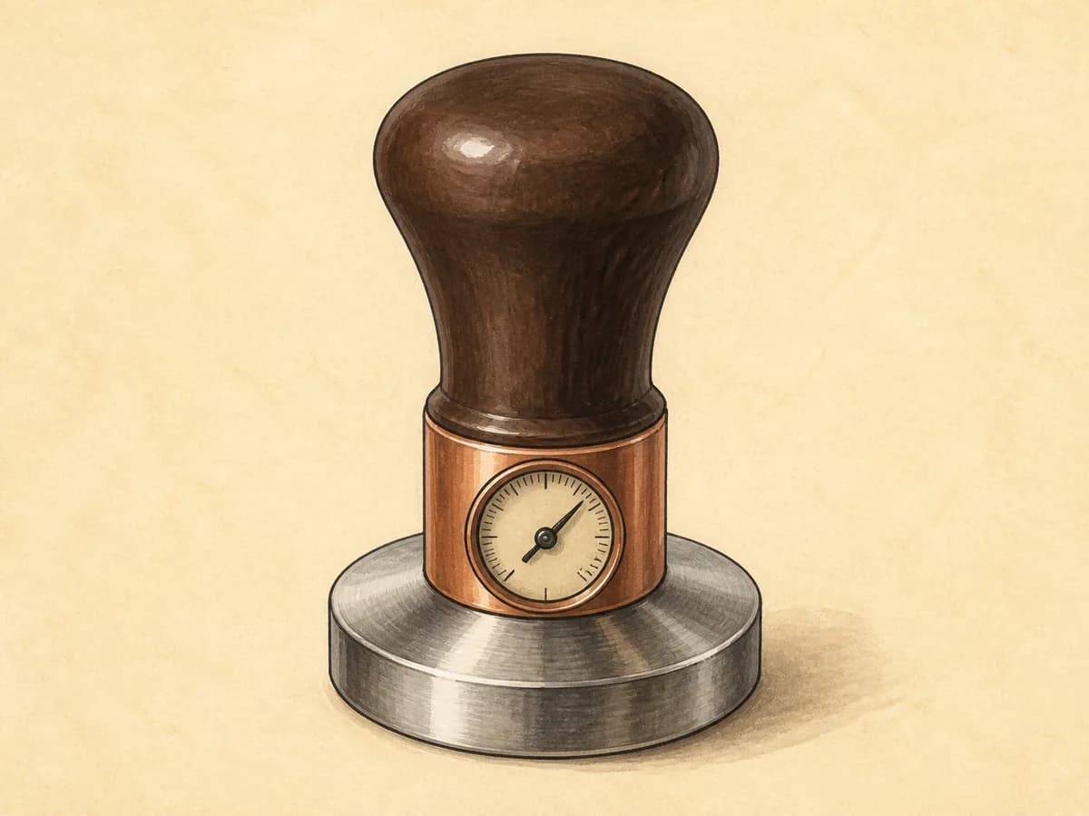 Original editorial illustration representing the Force Gauge Tamper 54mm; not a product photograph.