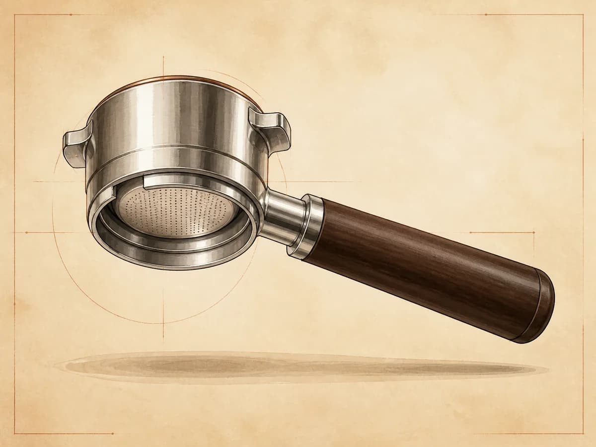 Original editorial illustration representing Bottomless Portafilter; not a product photograph.