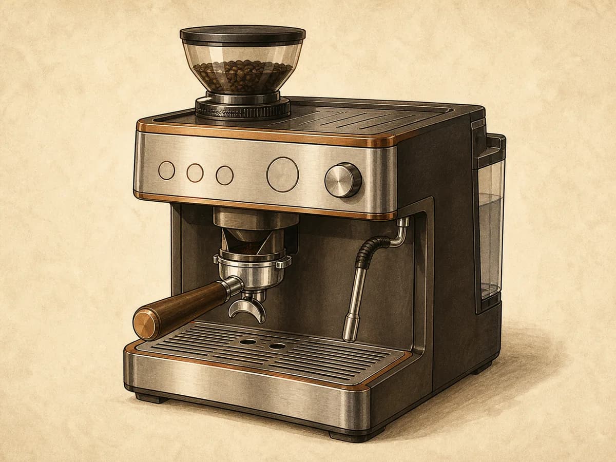 Original editorial illustration representing the Barista Express; not a product photograph.