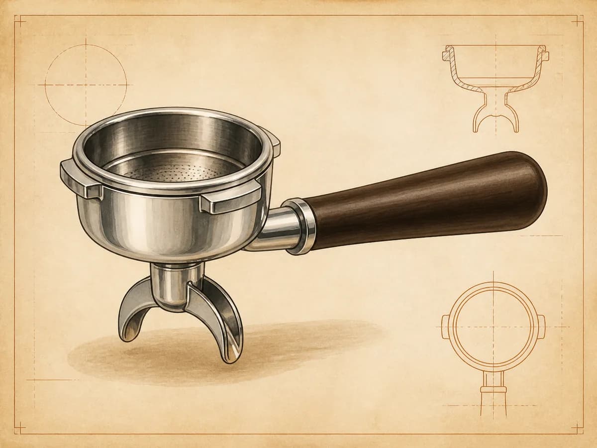 Original editorial illustration representing Portafilter with Chrome Double-Spout; not a product photograph.